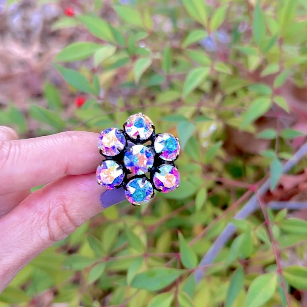 Aurora Borealis Antique Brass Crystal Flower Statement Cocktail Ring
